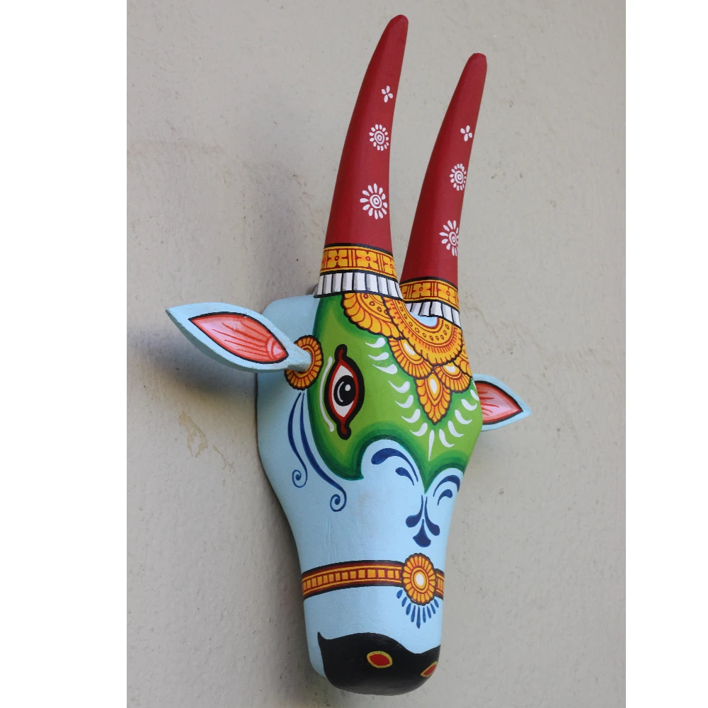 Cow Head Sky Blue & Red Hand Painted Pattachitra Wall Décor 12 Inch