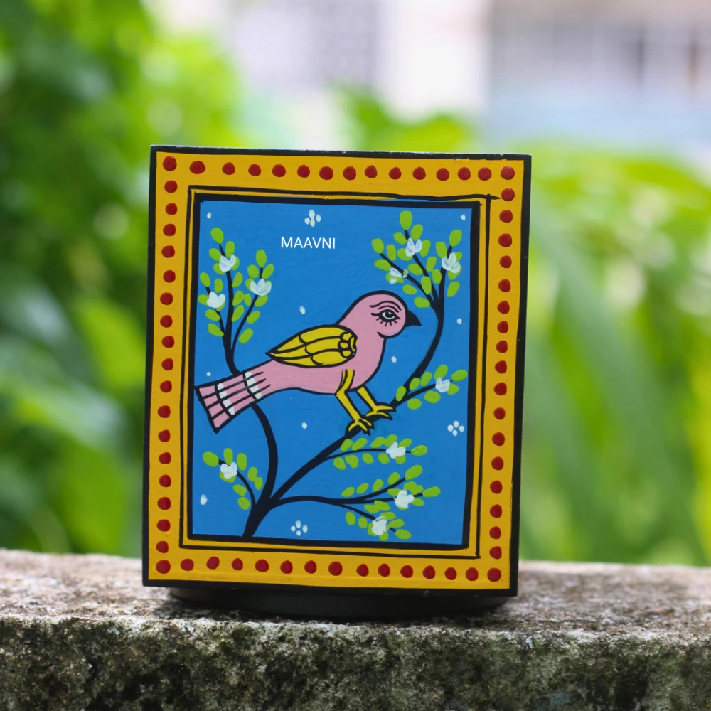 Pattachitra Pink Bird Handpainted Blue Pen Stand