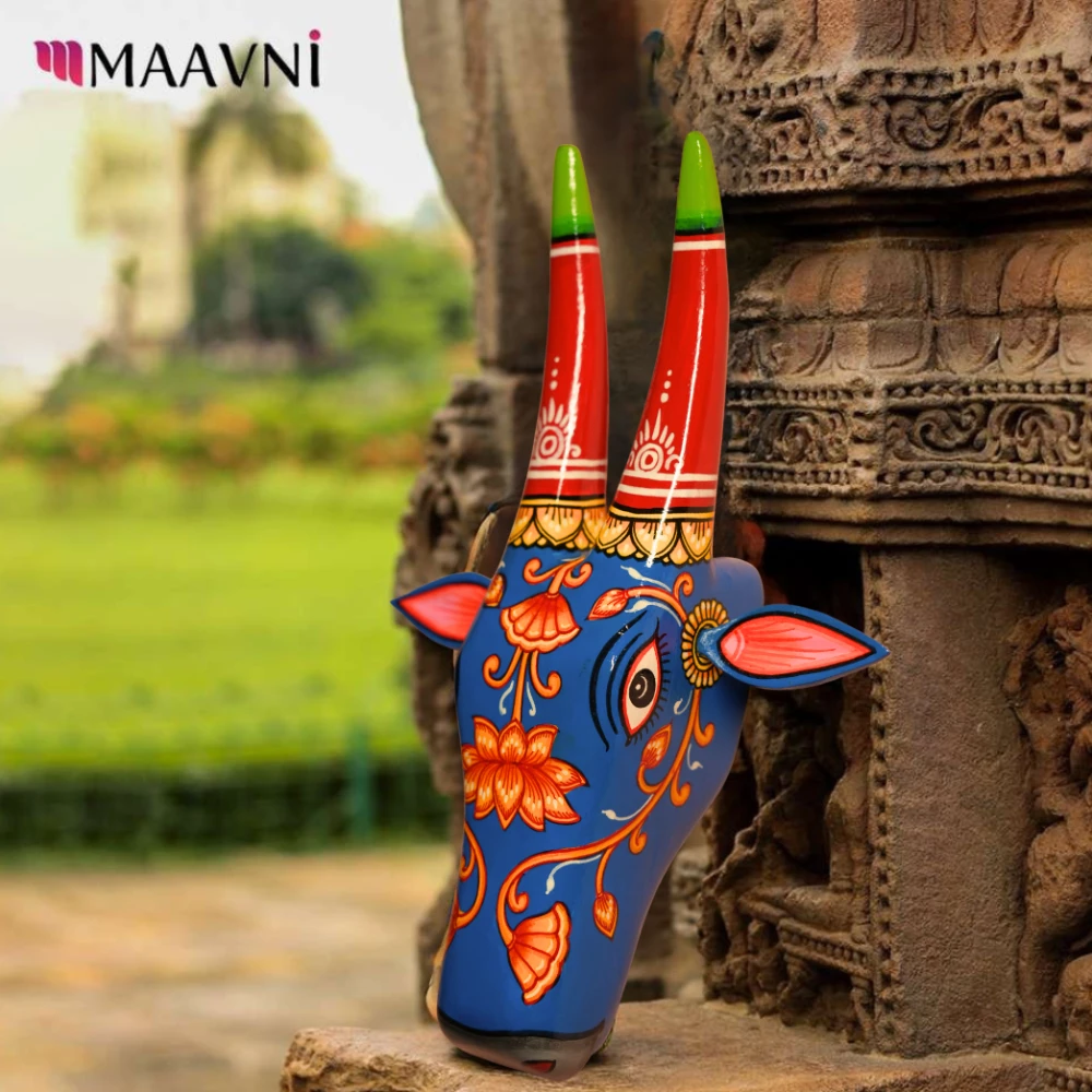 Cow Head Indigo Blue & Red Hand Painted Pattachitra Wall Décor