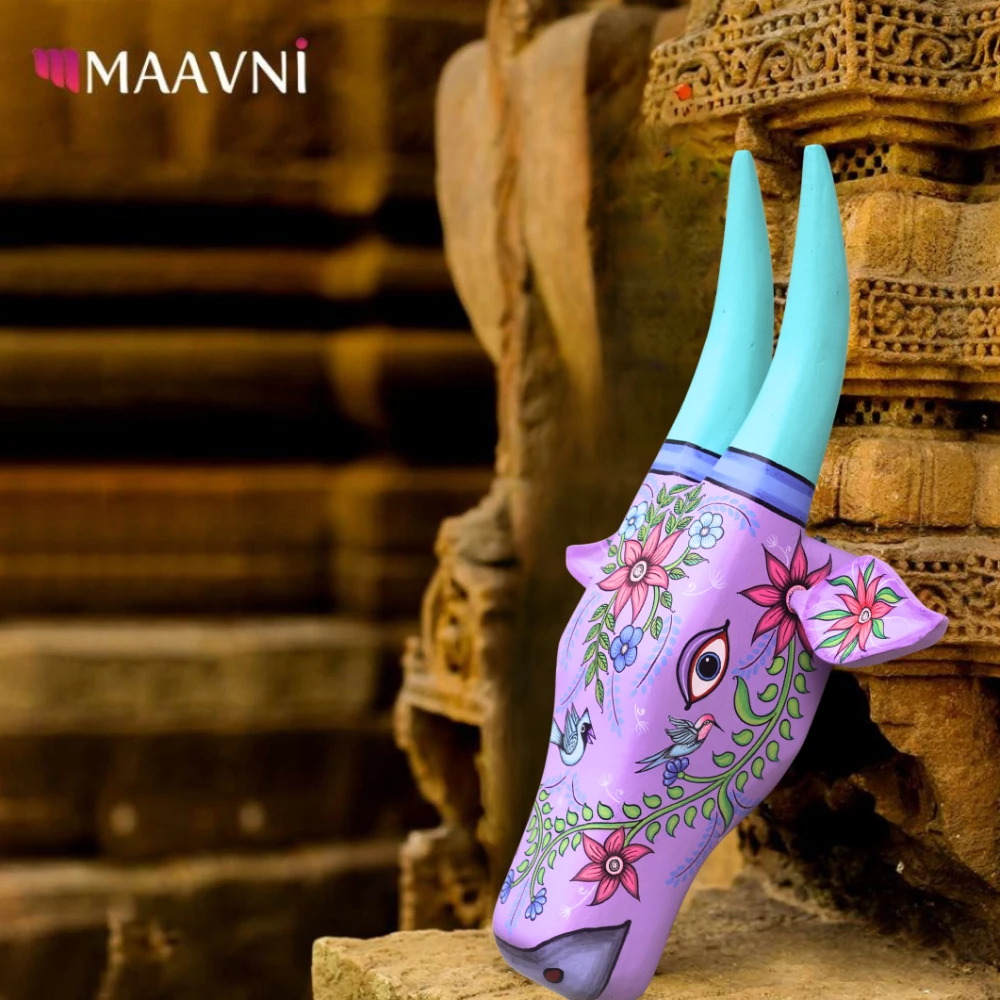 Cow Head Light Purple Hand Painted Pattachitra Wall Décor
