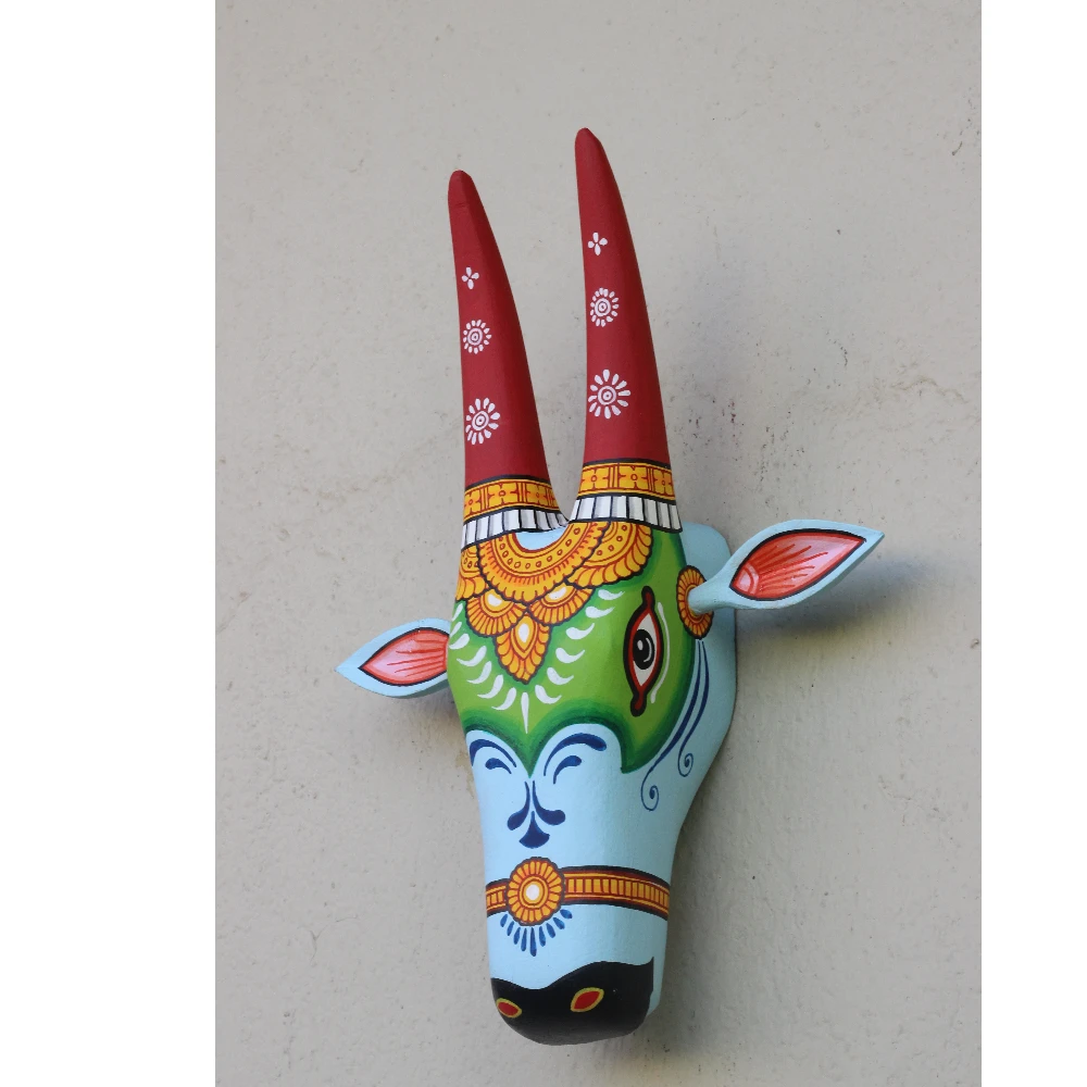 Cow Head Sky Blue & Red Hand Painted Pattachitra Wall Décor 12 Inch