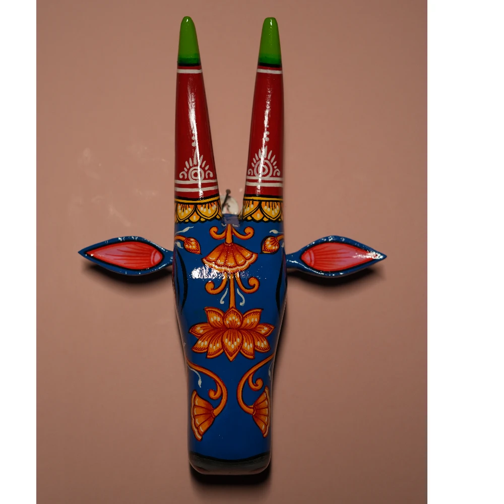 Cow Head Indigo Blue & Red Hand Painted Pattachitra Wall Décor 12 Inch