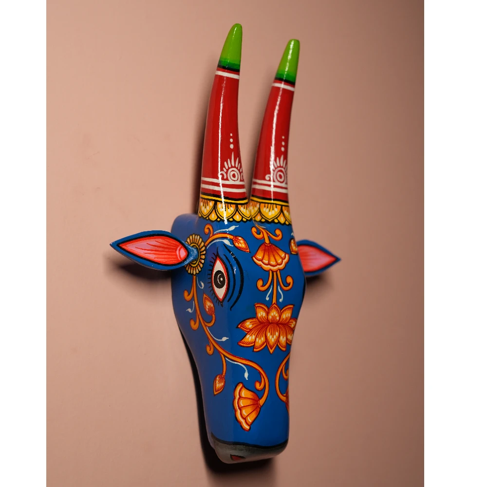 Cow Head Indigo Blue & Red Hand Painted Pattachitra Wall Décor 12 Inch