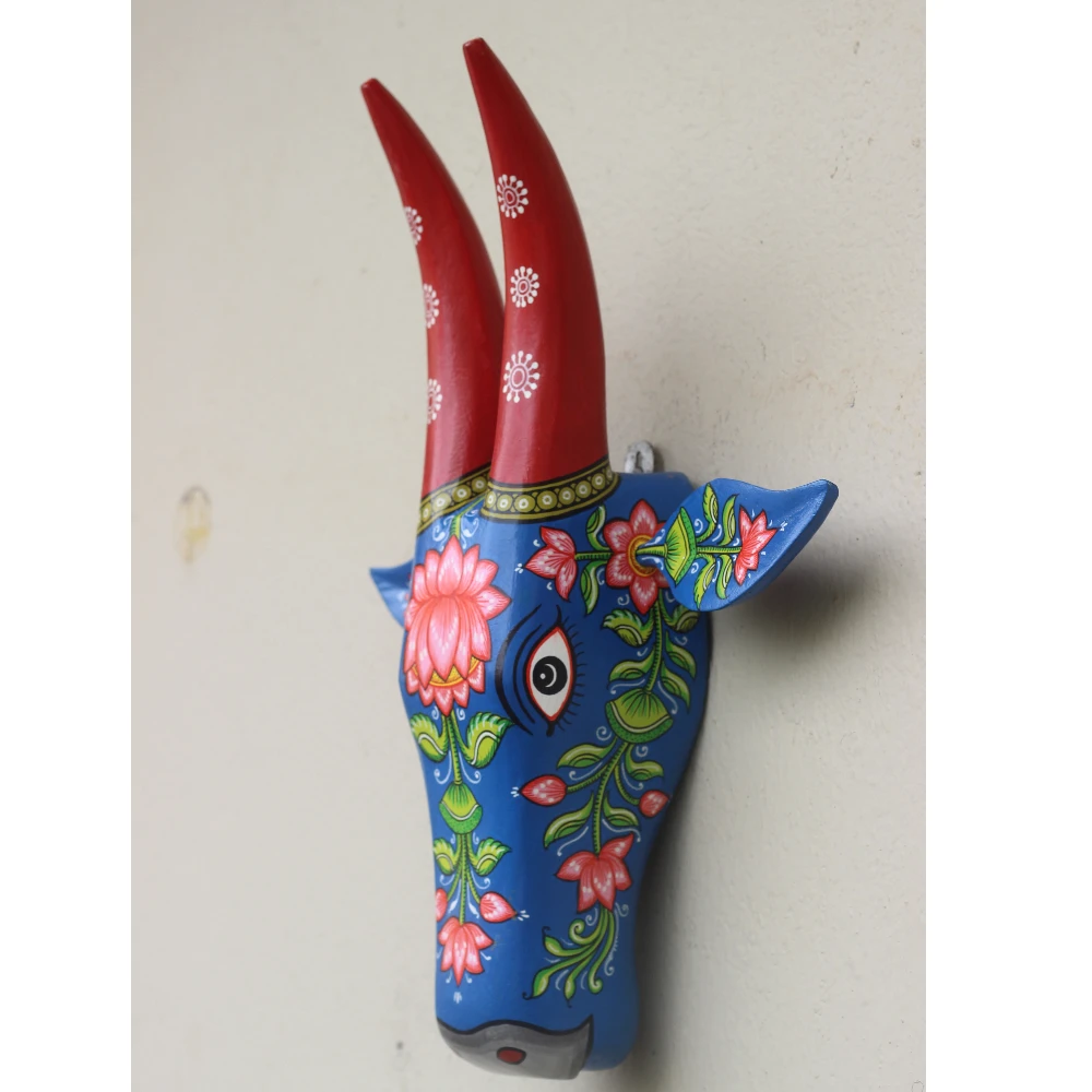 Cow Head Blue & Red Lotus Hand Painted Pattachitra Wall Décor 16 Inches