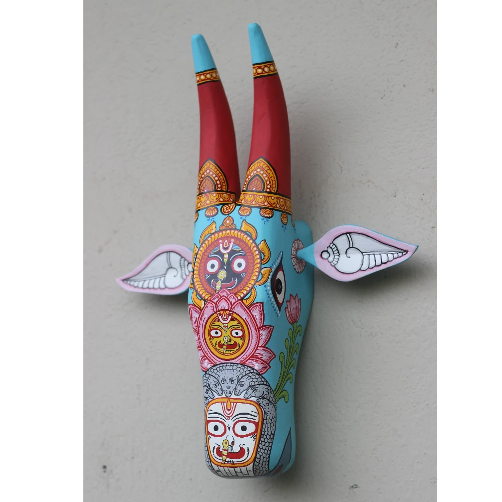 Cow Head Sky Blue Hand Painted Pattachitra Wall Décor 16 Inch