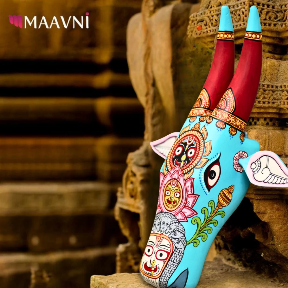 Cow Head Sky Blue Hand Painted Pattachitra Wall Décor