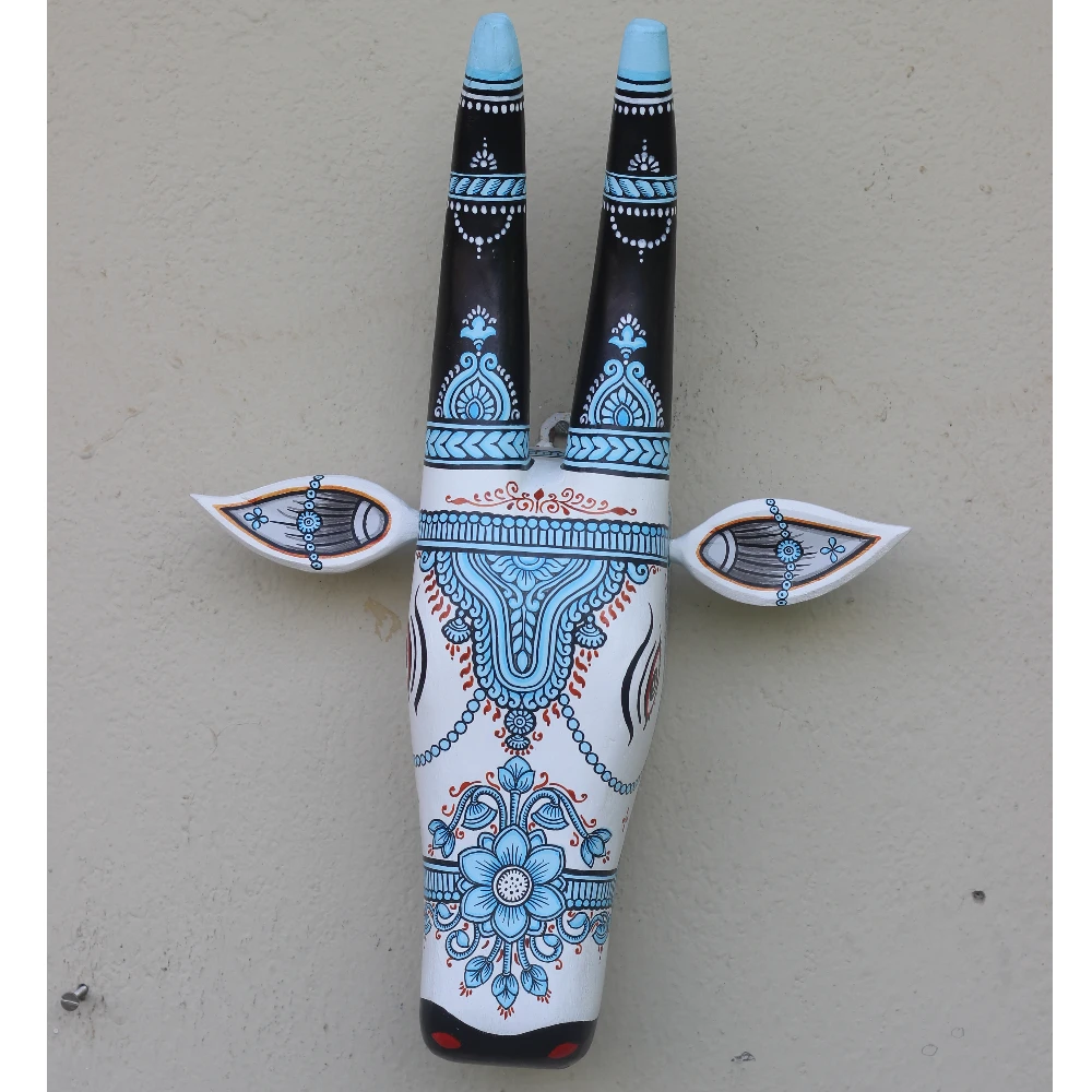 Cow Head White & Sky Blue Flora Motif Hand Painted Pattachitra Wall Décor 16 Inches