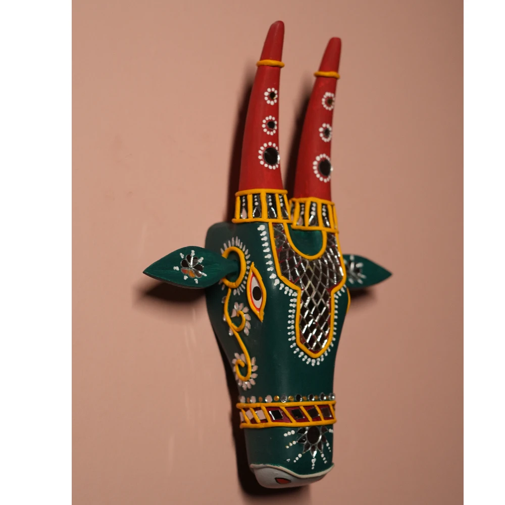 Cow Head Dark Green & Red Hand Painted Pattachitra Wall Décor 12 Inch