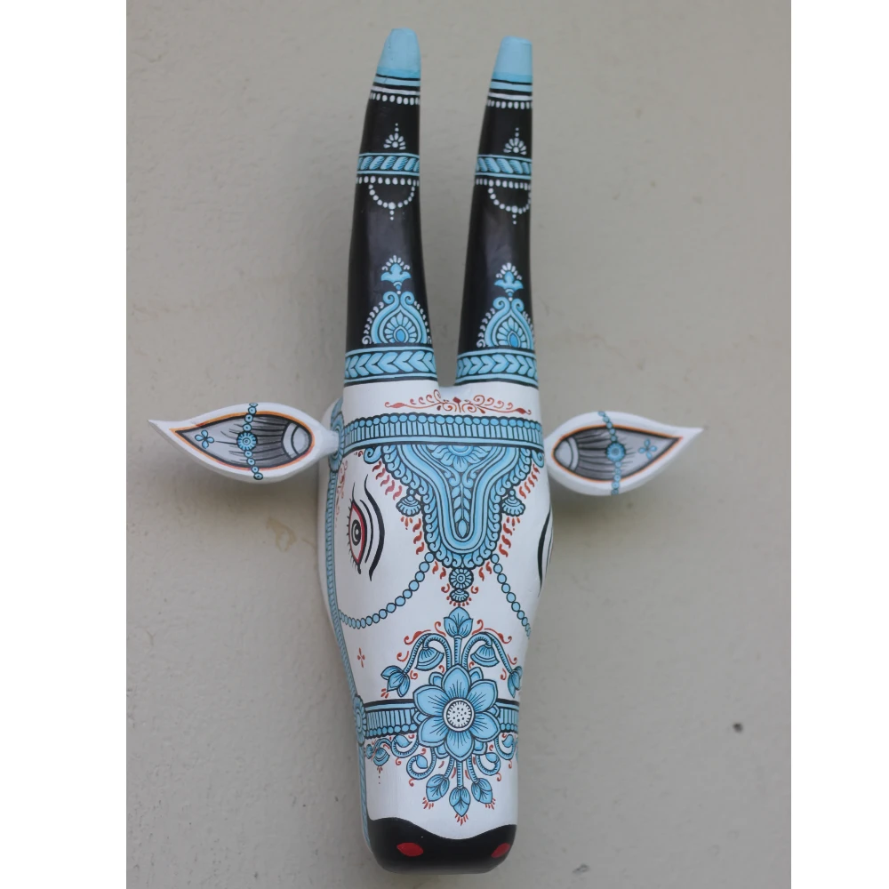 Cow Head White & Sky Blue Flora Motif Hand Painted Pattachitra Wall Décor 16 Inches