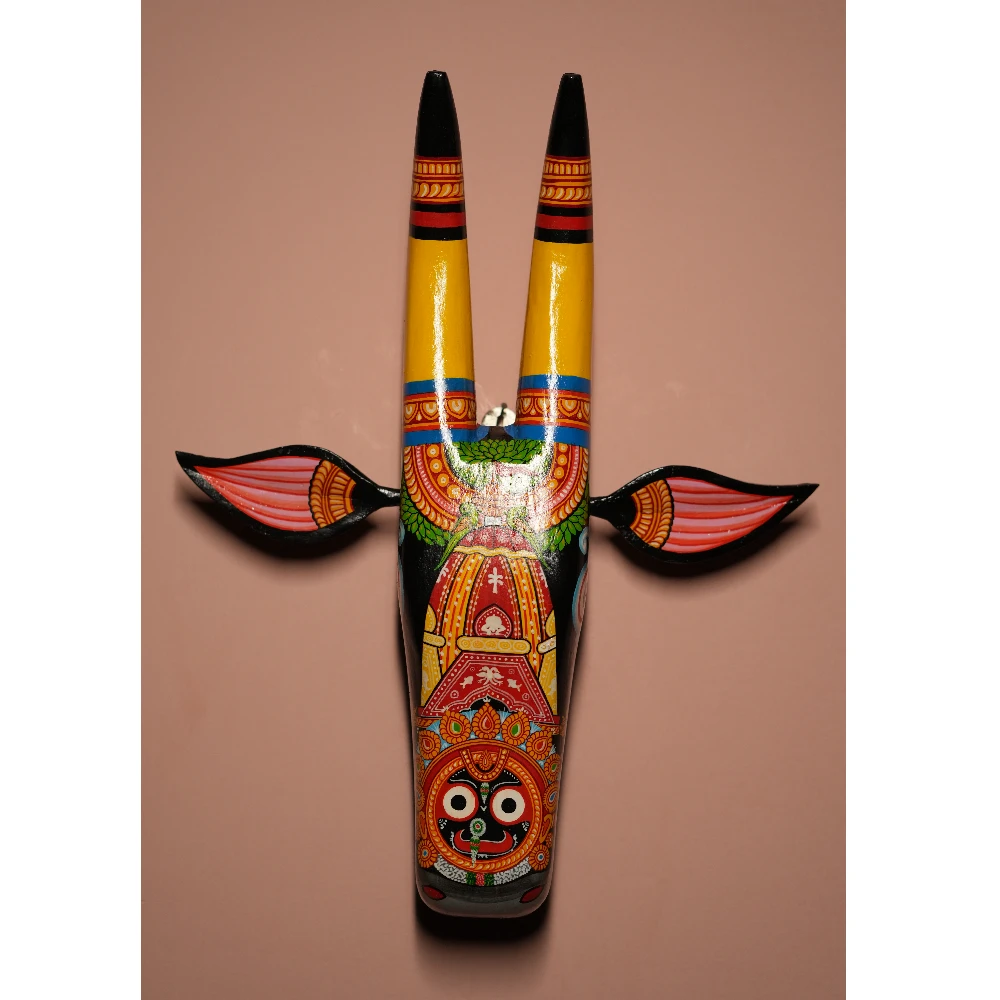Cow Head Black & Yellow Ratha Hand Painted Pattachitra Wall Décor 12 Inch