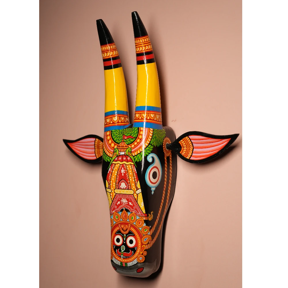 Cow Head Black & Yellow Ratha Hand Painted Pattachitra Wall Décor 12 Inch