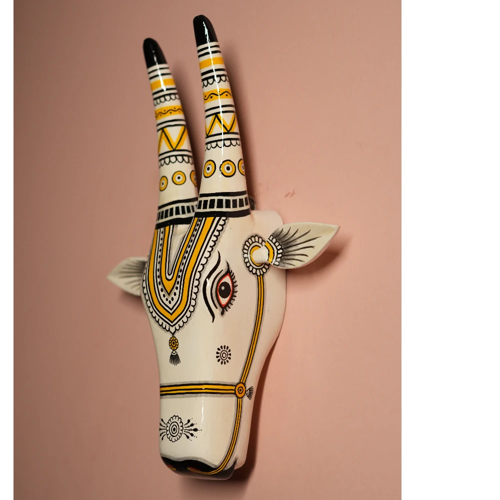 Cow Head Off-White & yellow Hand Painted Pattachitra Wall Décor 12 Inch