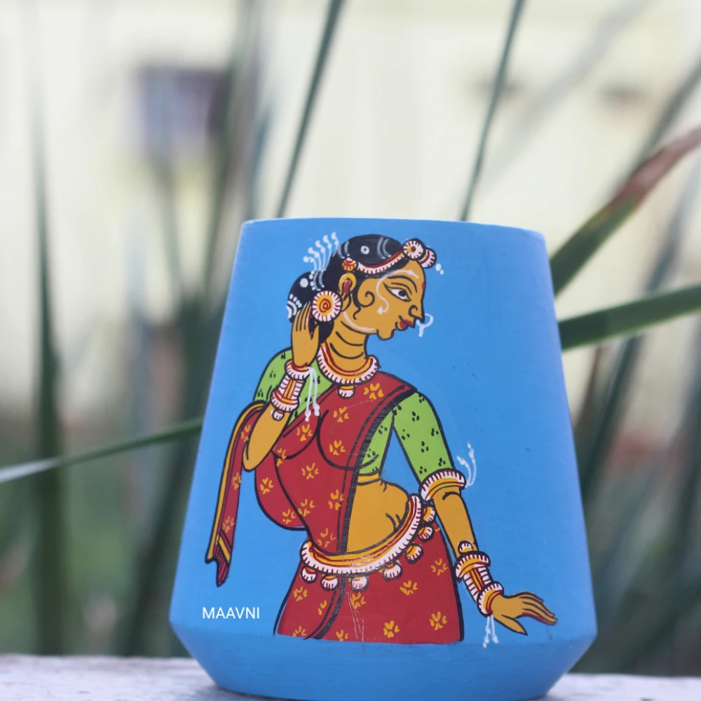 Lady Sringar Blue Handpainted Pen Stand