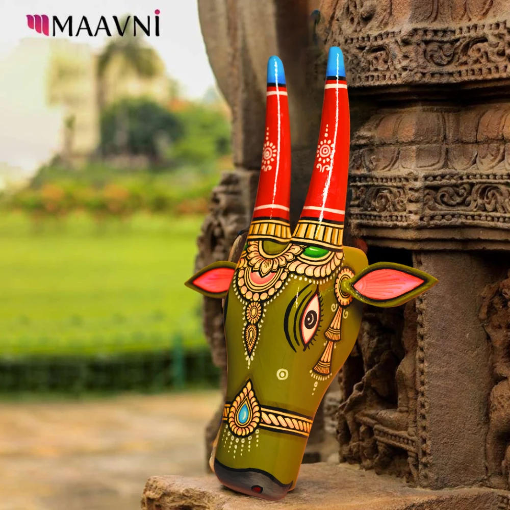 Cow Head Mehandi Green & Red Hand Painted Pattachitra Wall Décor 12 Inch