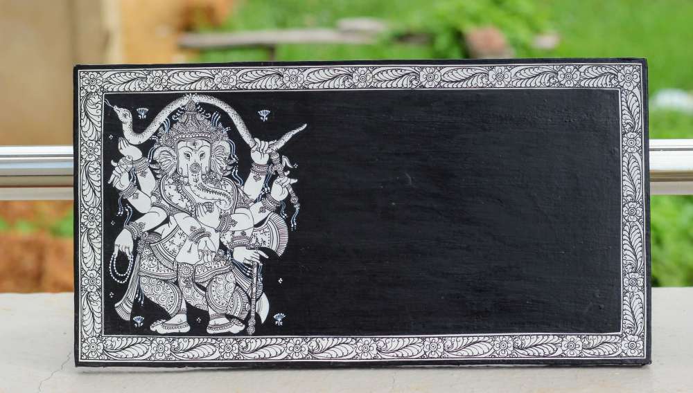 Ganesha Nameplate Black White Border Pattachitra Painting