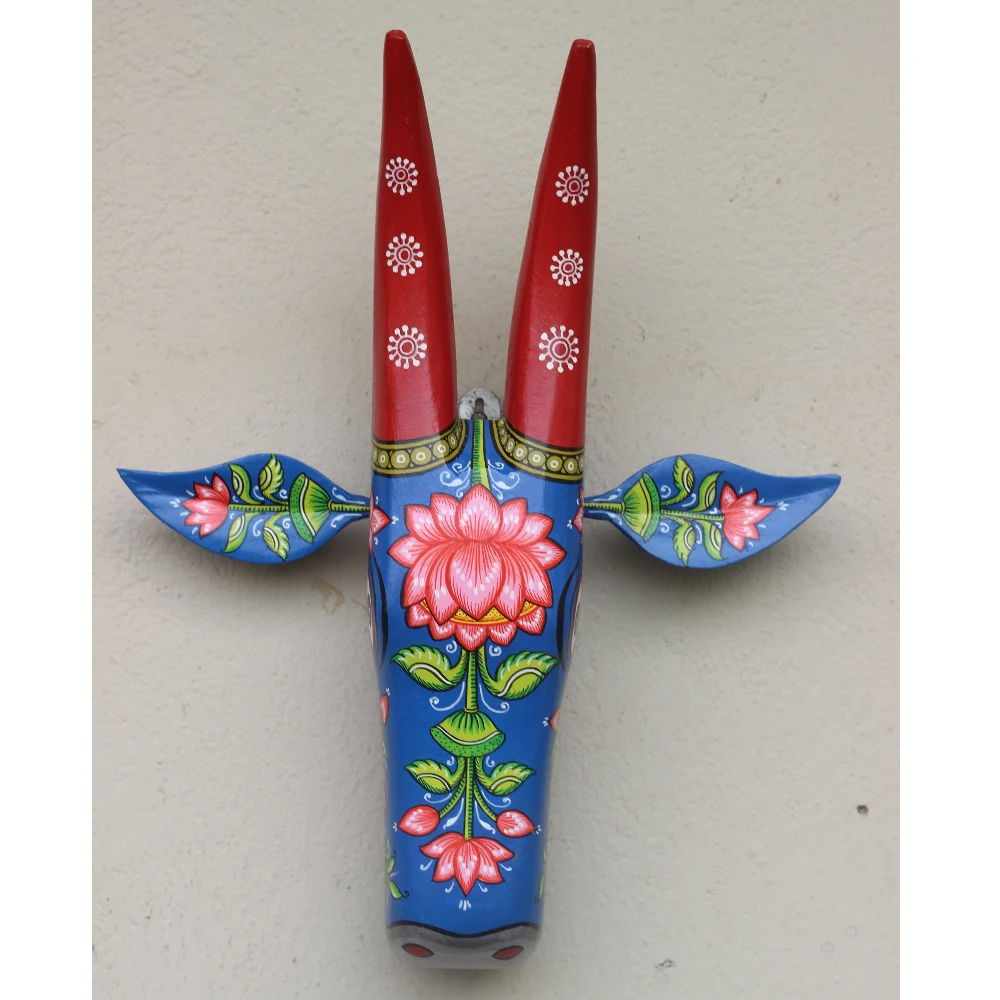 Cow Head Blue & Red Lotus Hand Painted Pattachitra Wall Décor 16 Inches