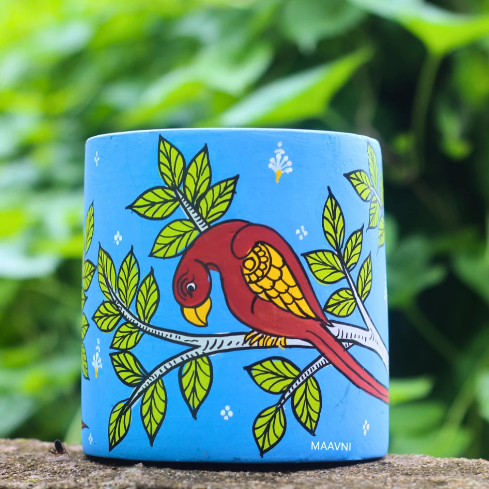 Parrot Sitting On Branch Handpainted Blue Pen Stand