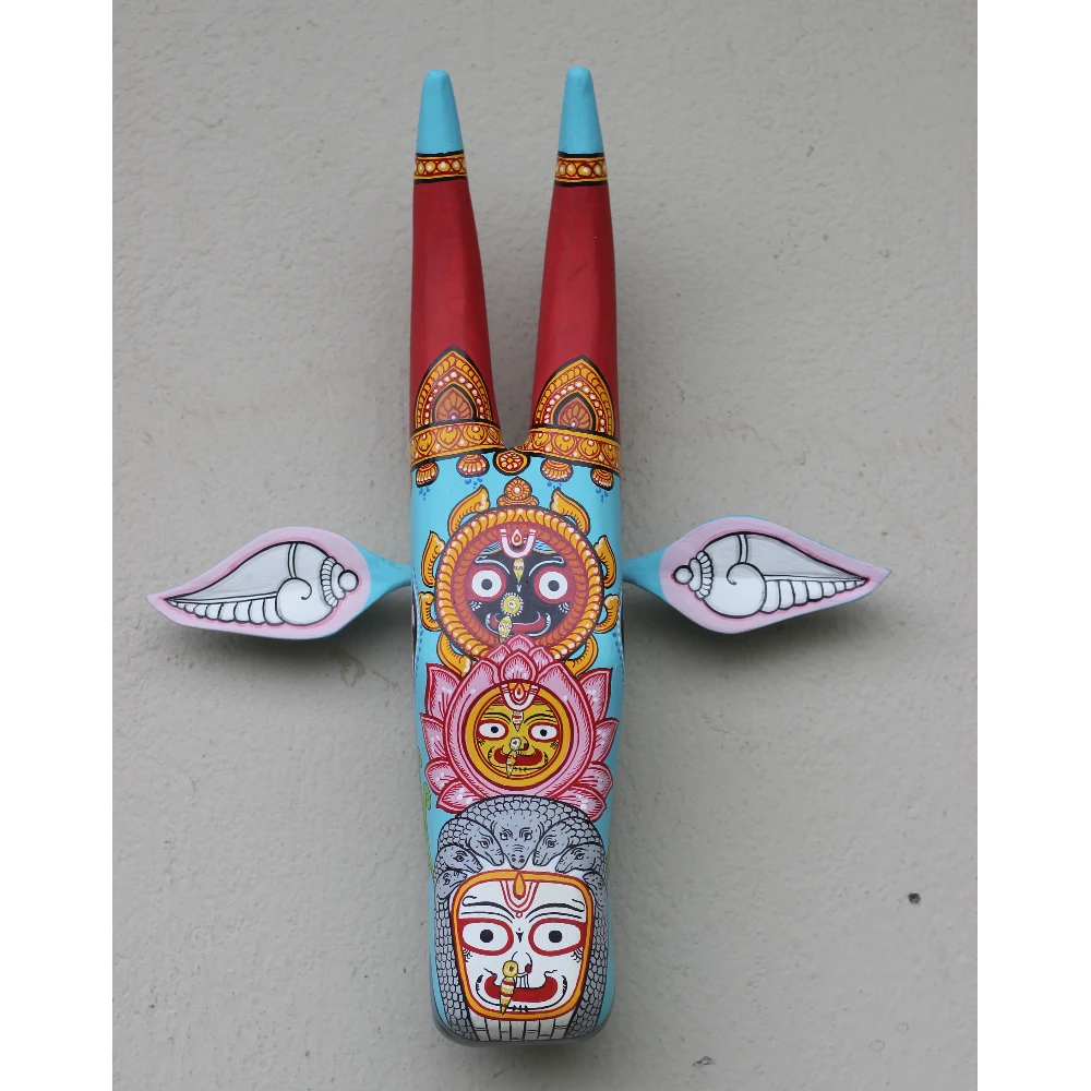 Cow Head Sky Blue Hand Painted Pattachitra Wall Décor 16 Inch