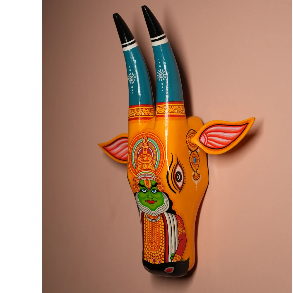 Cow Head Orange & Turquoise Bharatanatyam Hand Painted Pattachitra Wall Décor 12 Inch