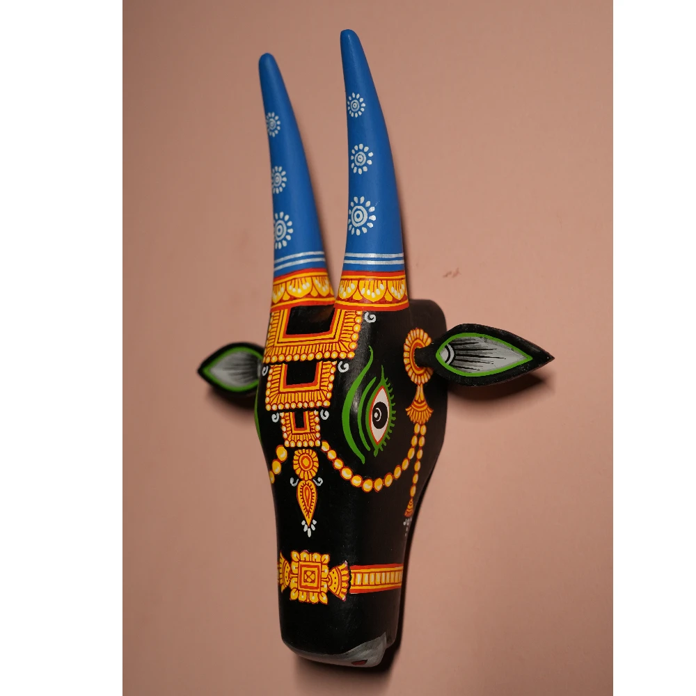 Cow Head Green and Blue Hand Painted Pattachitra Wall Décor 12 Inch