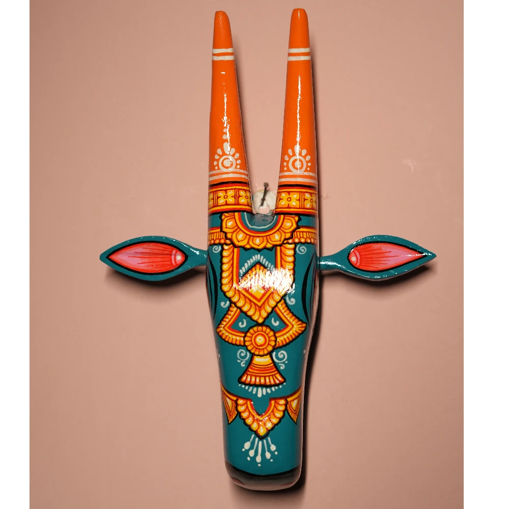 Cow Head Turquoise & Orange Hand Painted Pattachitra Wall Décor 12 Inch