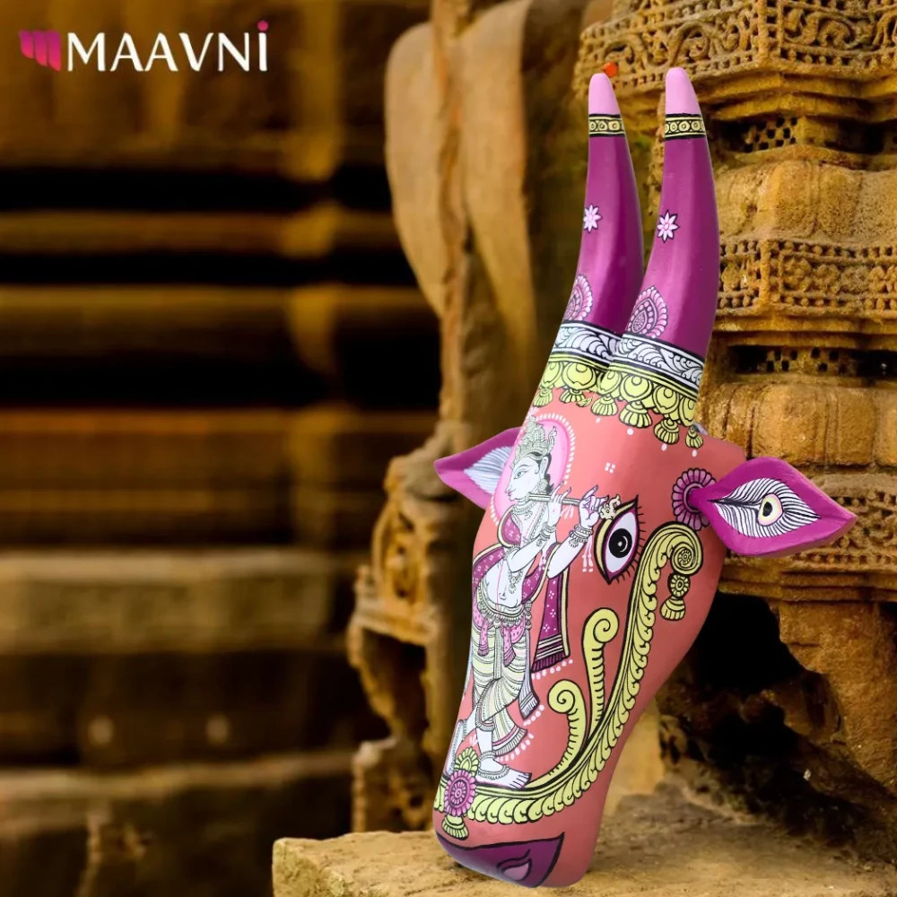 Cow Head Pink Hand Painted Pattachitra Wall Décor
