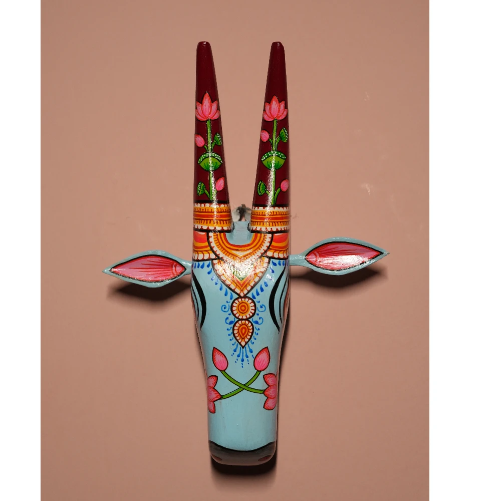 Cow Head Light Sky Blue Hand Painted Pattachitra Wall Décor 12 Inch