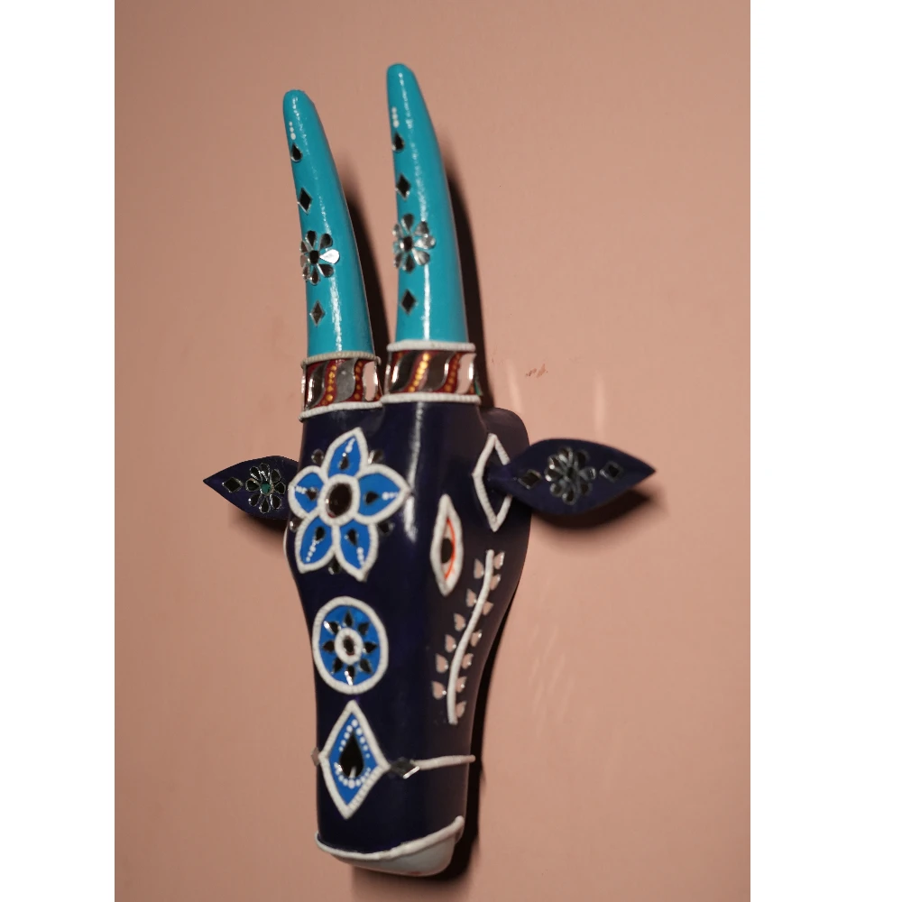 Cow Head Dark Blue & Sky Blue Hand Painted Pattachitra Wall Décor 12 Inch