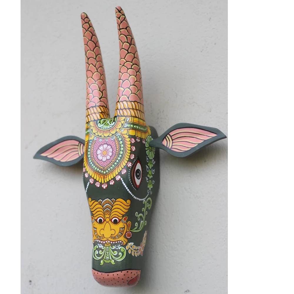 Cow Head Dark Green Hand Painted Pattachitra Wall Décor 16 Inch