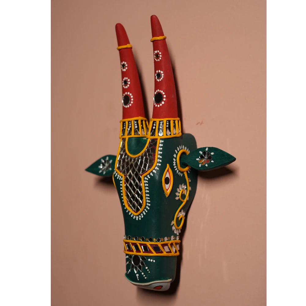 Cow Head Dark Green & Red Hand Painted Pattachitra Wall Décor 12 Inch