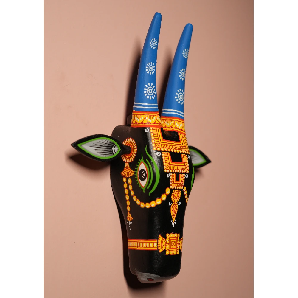 Cow Head Green and Blue Hand Painted Pattachitra Wall Décor 12 Inch