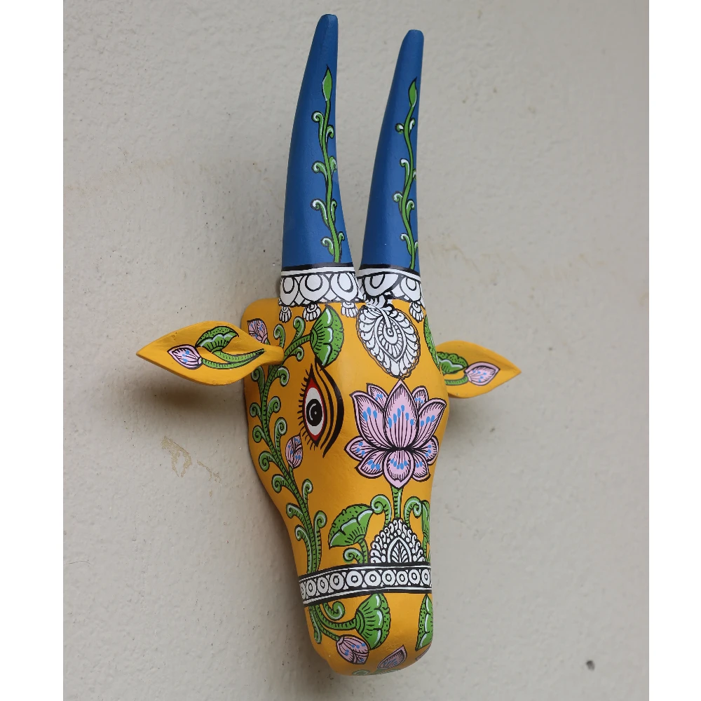 Cow Head Yellow & Blue Lotus Hand Painted Pattachitra Wall Décor 12 Inch