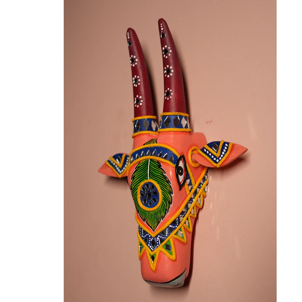Cow Head Orange & Black Hand Painted Pattachitra Wall Décor 12 Inch
