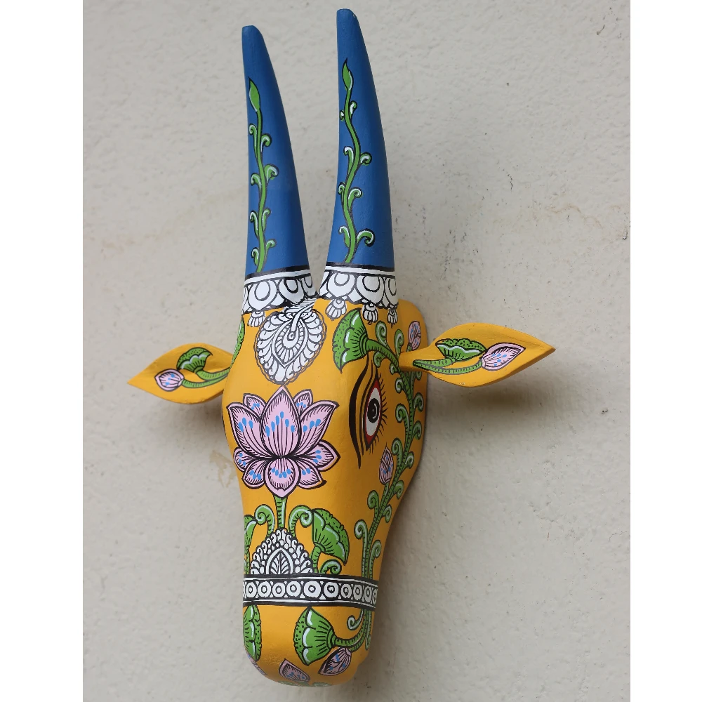 Cow Head Yellow & Blue Lotus Hand Painted Pattachitra Wall Décor 12 Inch
