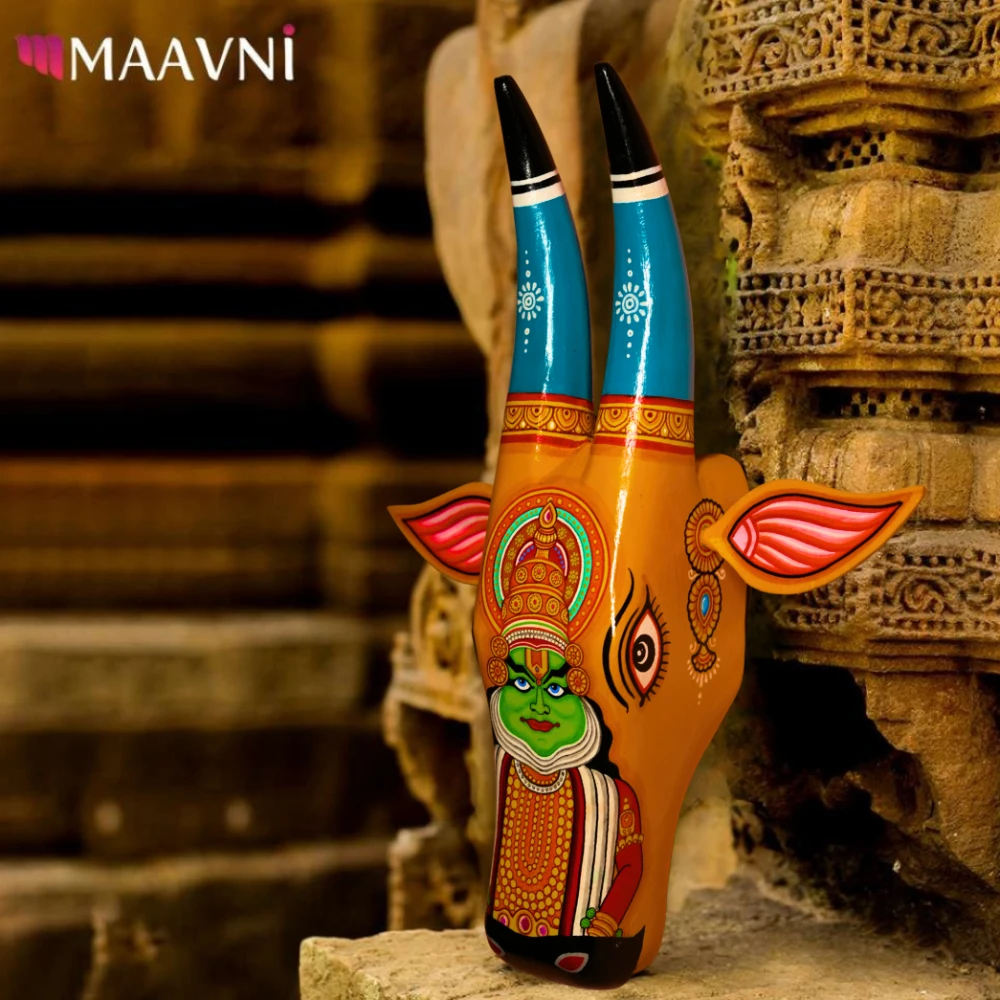 Cow Head Orange & Turquoise Bharatanatyam Hand Painted Pattachitra Wall Décor