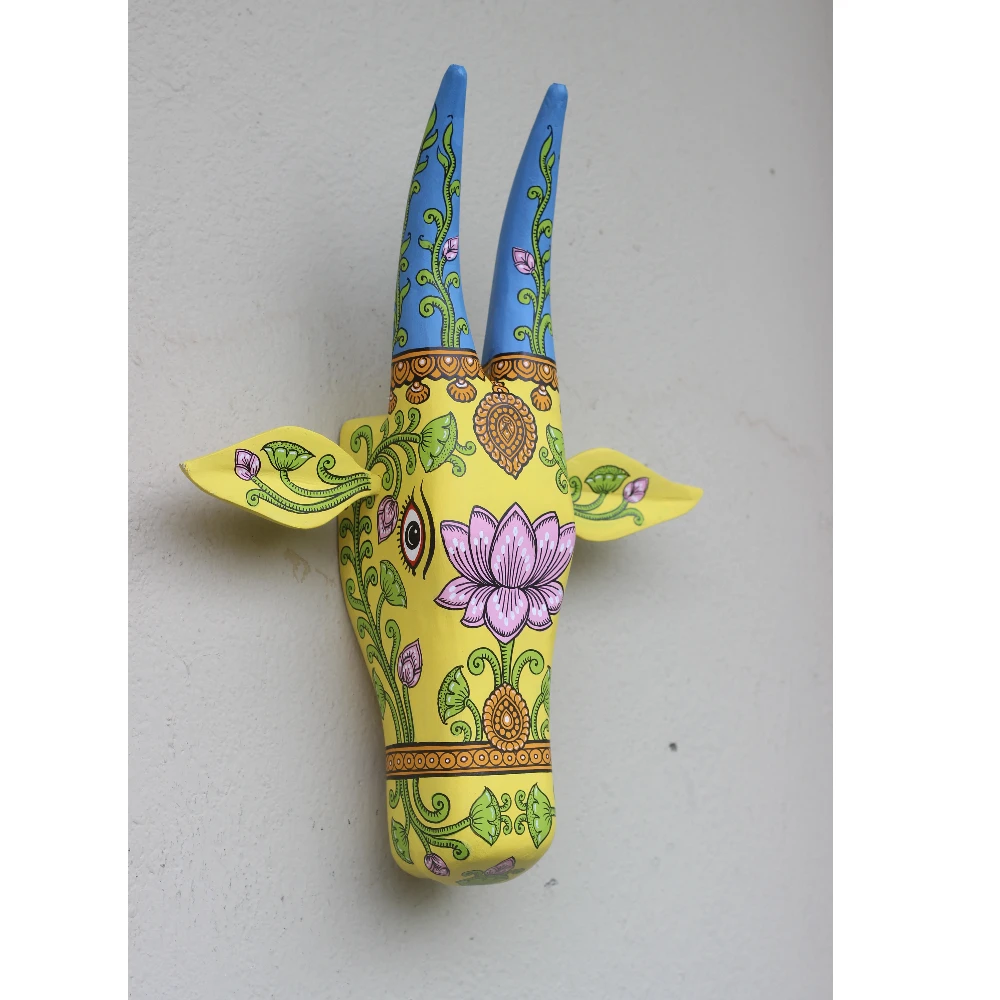 Cow Head Light Yellow Hand Painted Pattachitra Wall Décor 16 Inch