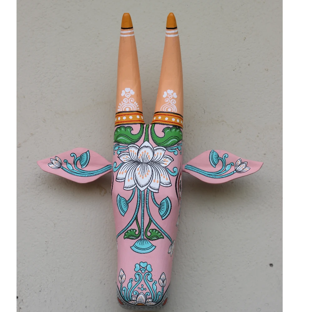 Cow Head Orange Hand Painted Pattachitra Wall Décor 16 Inch