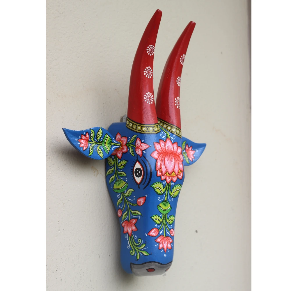 Cow Head Blue & Red Lotus Hand Painted Pattachitra Wall Décor 16 Inches