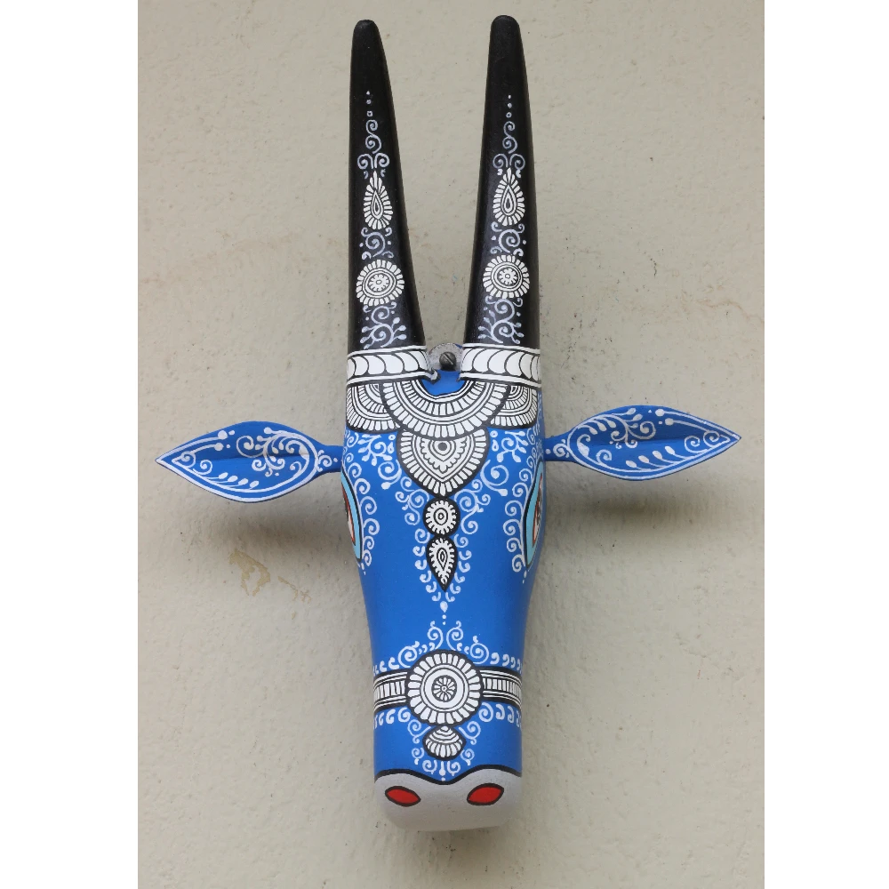 Cow Head Blue & Black Hand Painted Pattachitra Wall Décor 12 Inch
