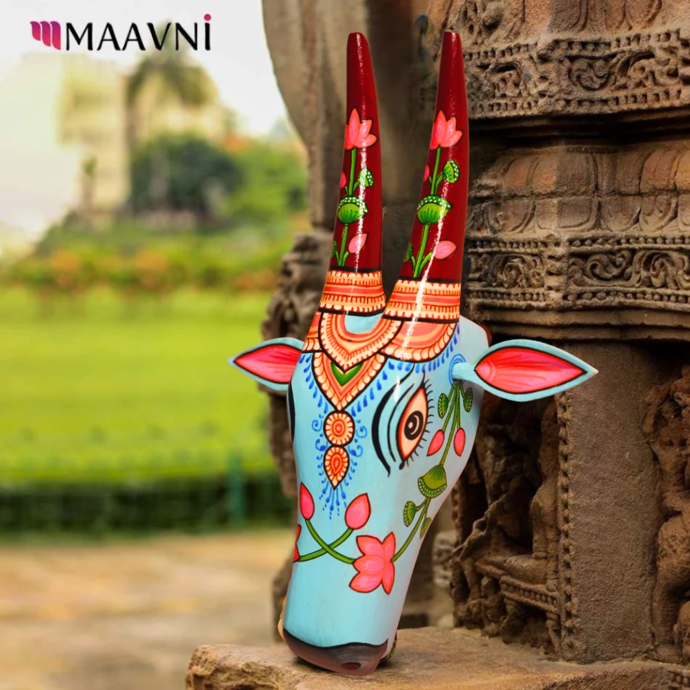 Cow Head Light Sky Blue Hand Painted Pattachitra Wall Décor