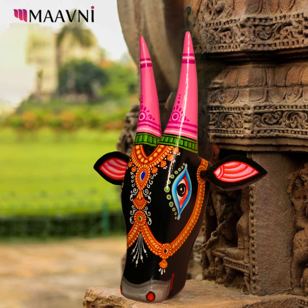 Cow Head Black & Pink Hand Painted Pattachitra Wall Décor 12 Inch