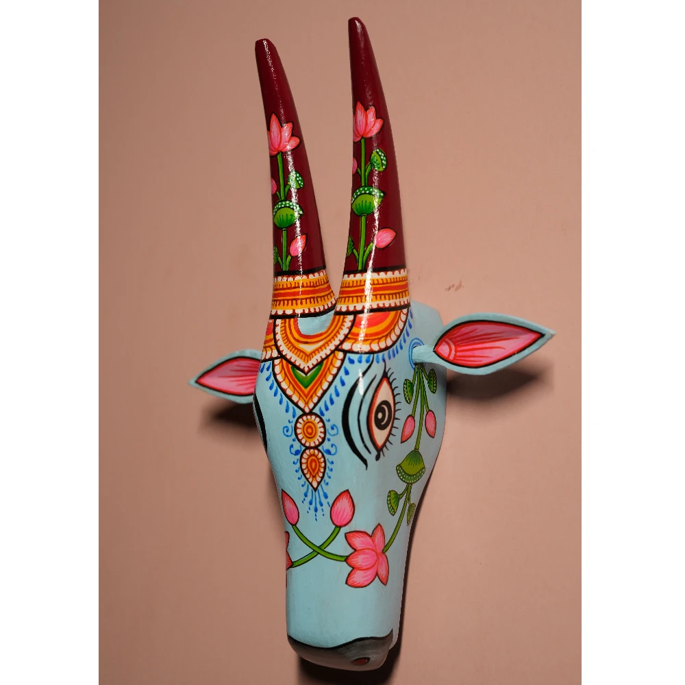 Cow Head Light Sky Blue Hand Painted Pattachitra Wall Décor 12 Inch