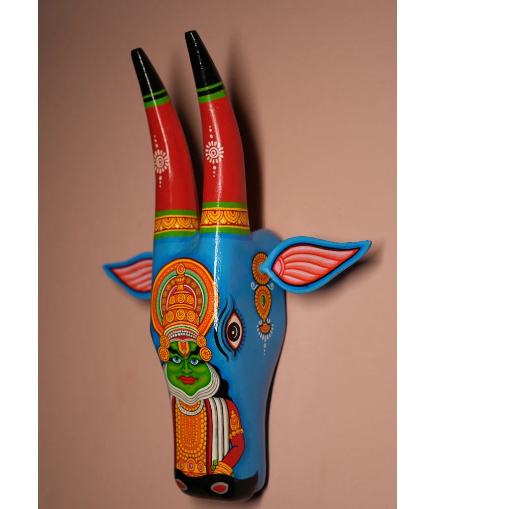 Cow Head Blue & Dark Orange Bharatanatyam Hand Painted Pattachitra Wall Décor 12 Inch