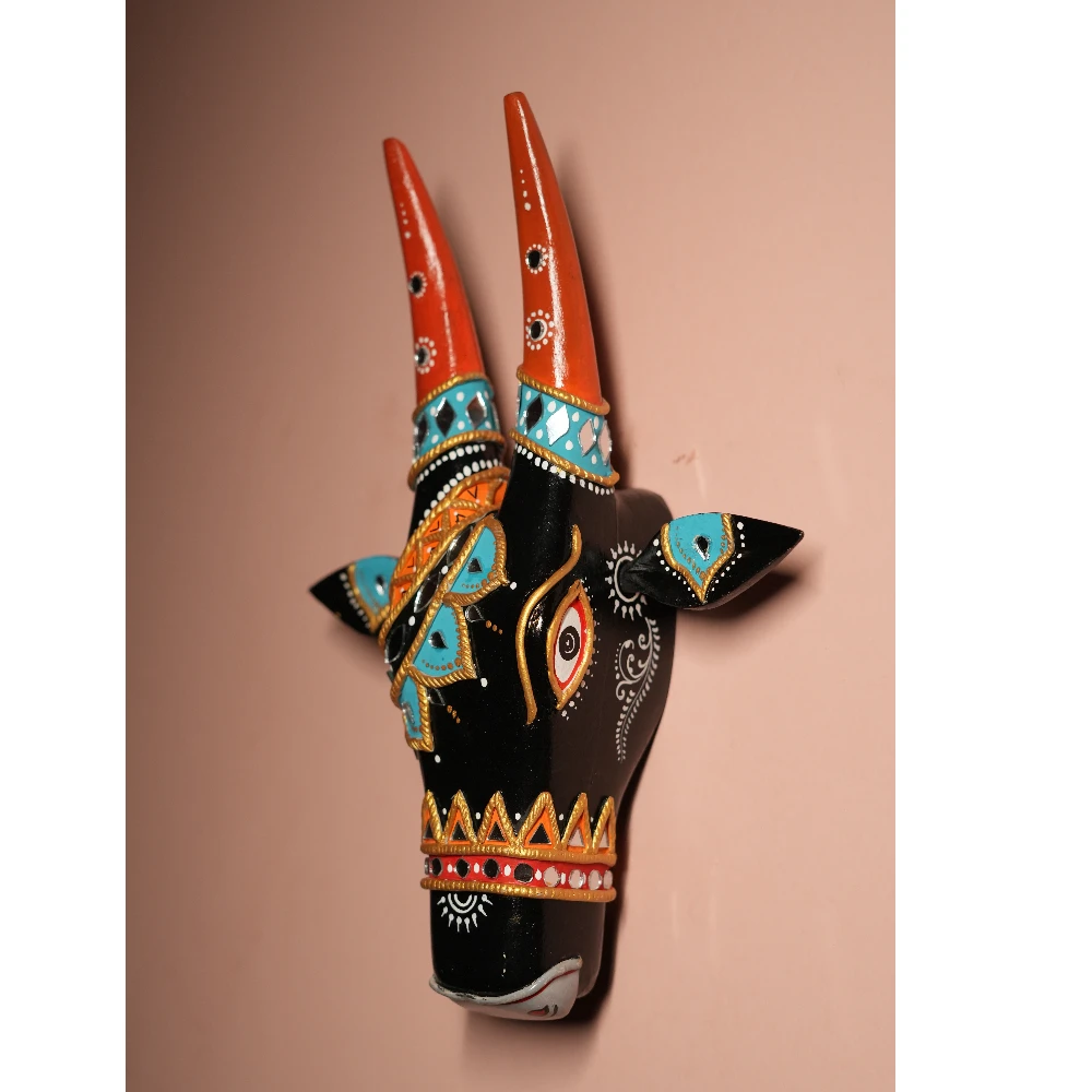 Cow Head Black & Bright Orange Hand Painted Pattachitra Wall Décor 12 Inch