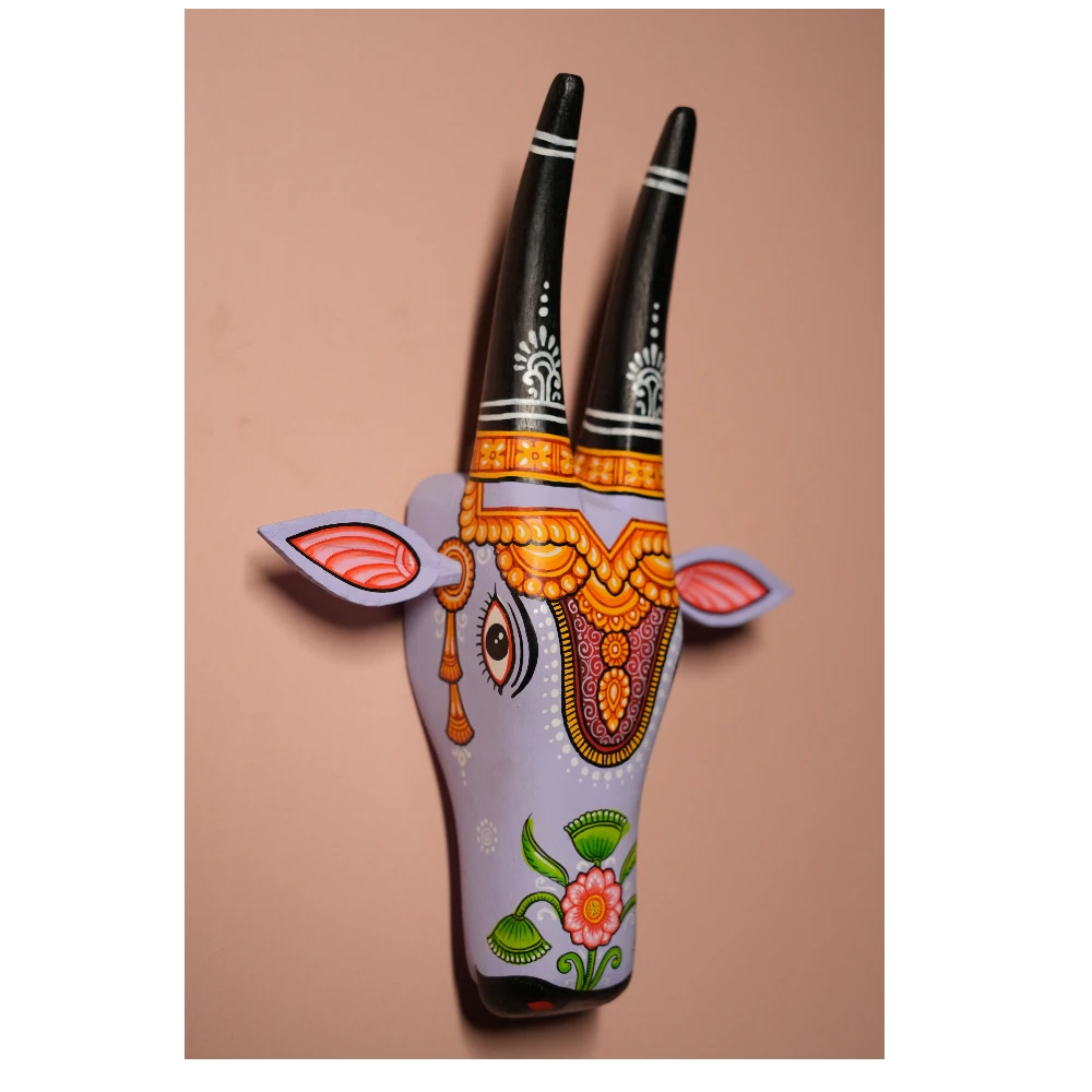 Cow Head Light Purple & Black Hand Painted Pattachitra Wall Décor 12 Inch