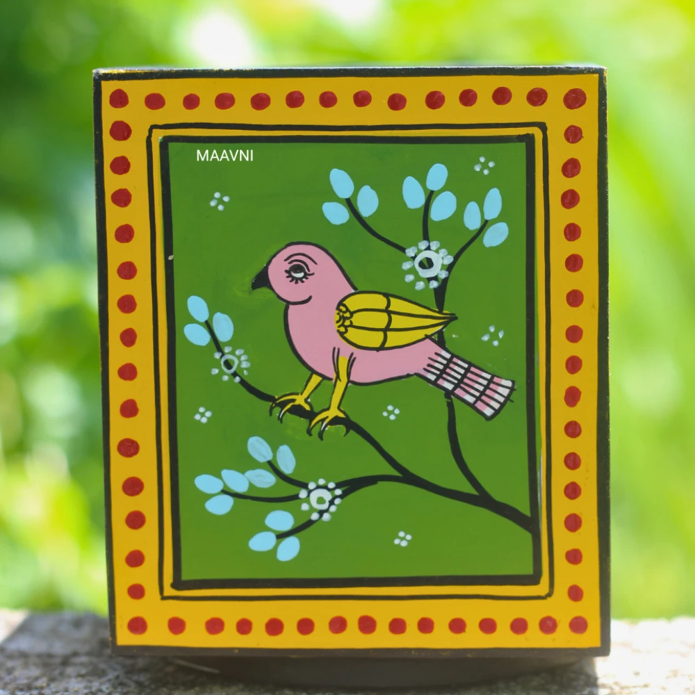 Pattachitra Pink Bird Handpainted Green Pen Stand