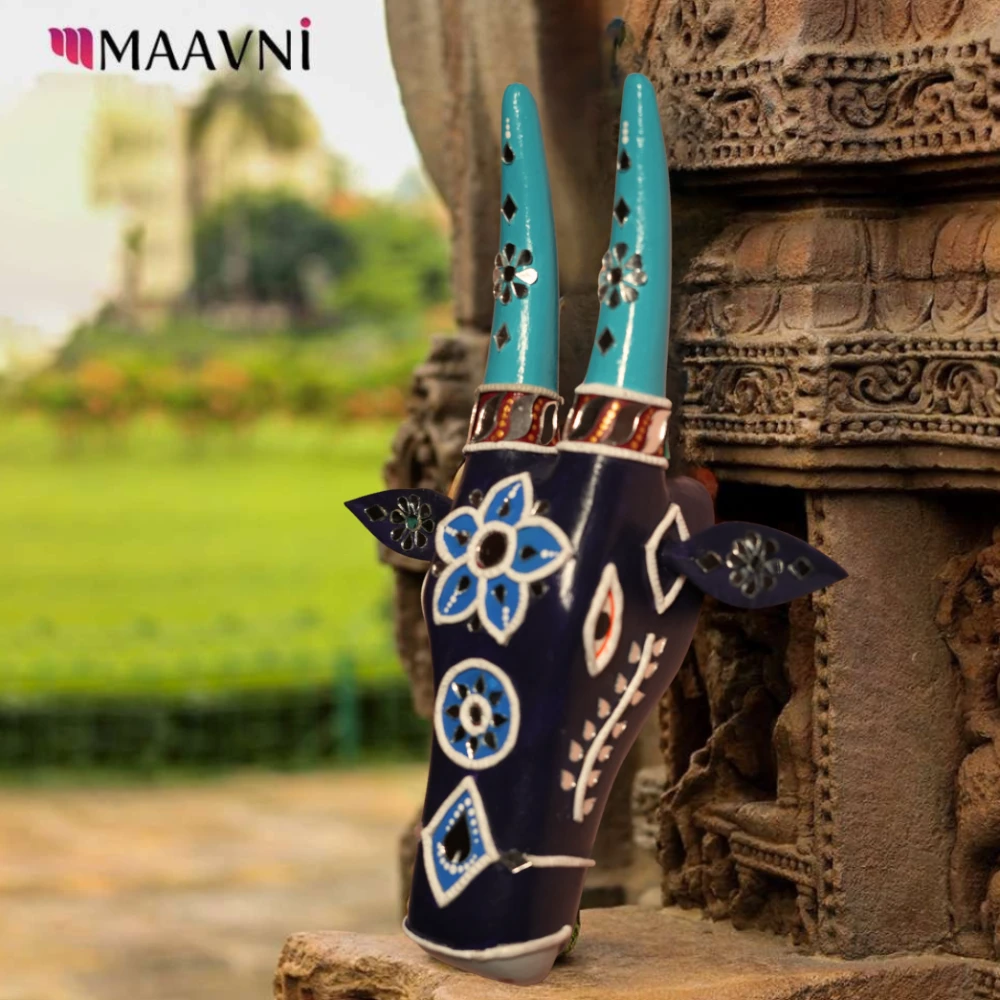 Cow Head Dark Blue & Sky Blue Hand Painted Pattachitra Wall Décor 12 Inch