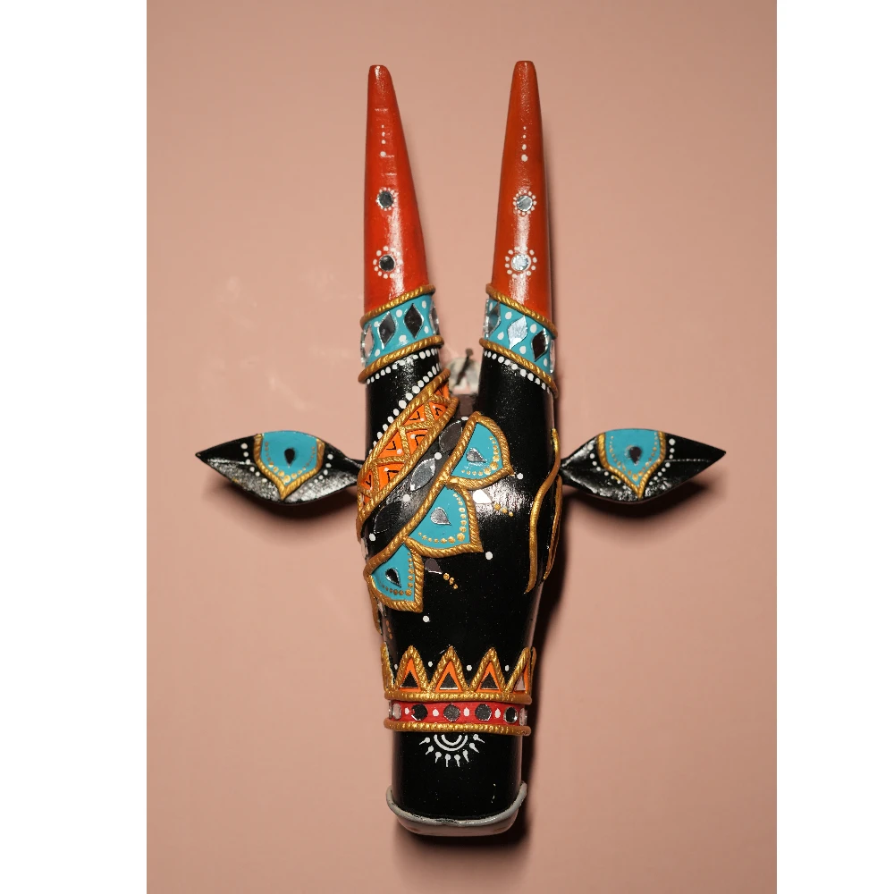 Cow Head Black & Bright Orange Hand Painted Pattachitra Wall Décor 12 Inch