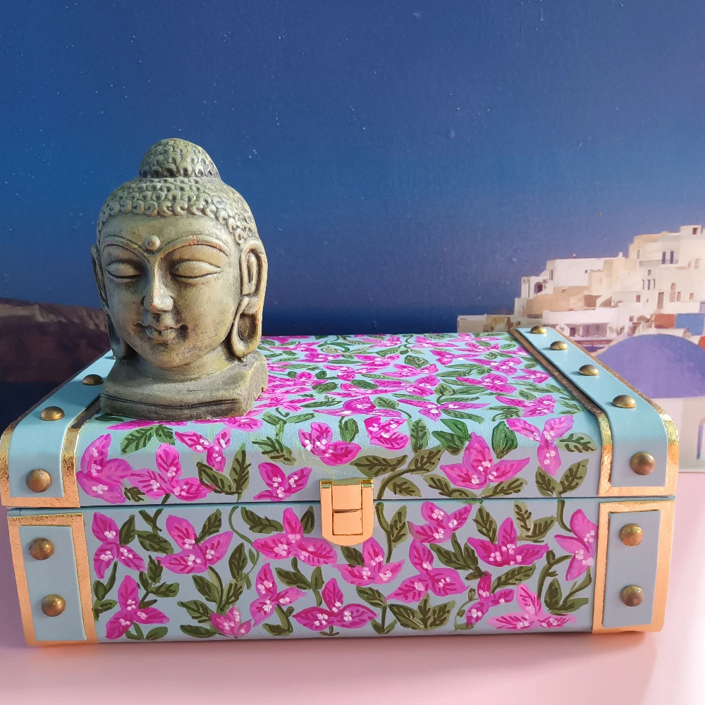 Blue Handpainted Bougainvillea Aesthetic hamper box