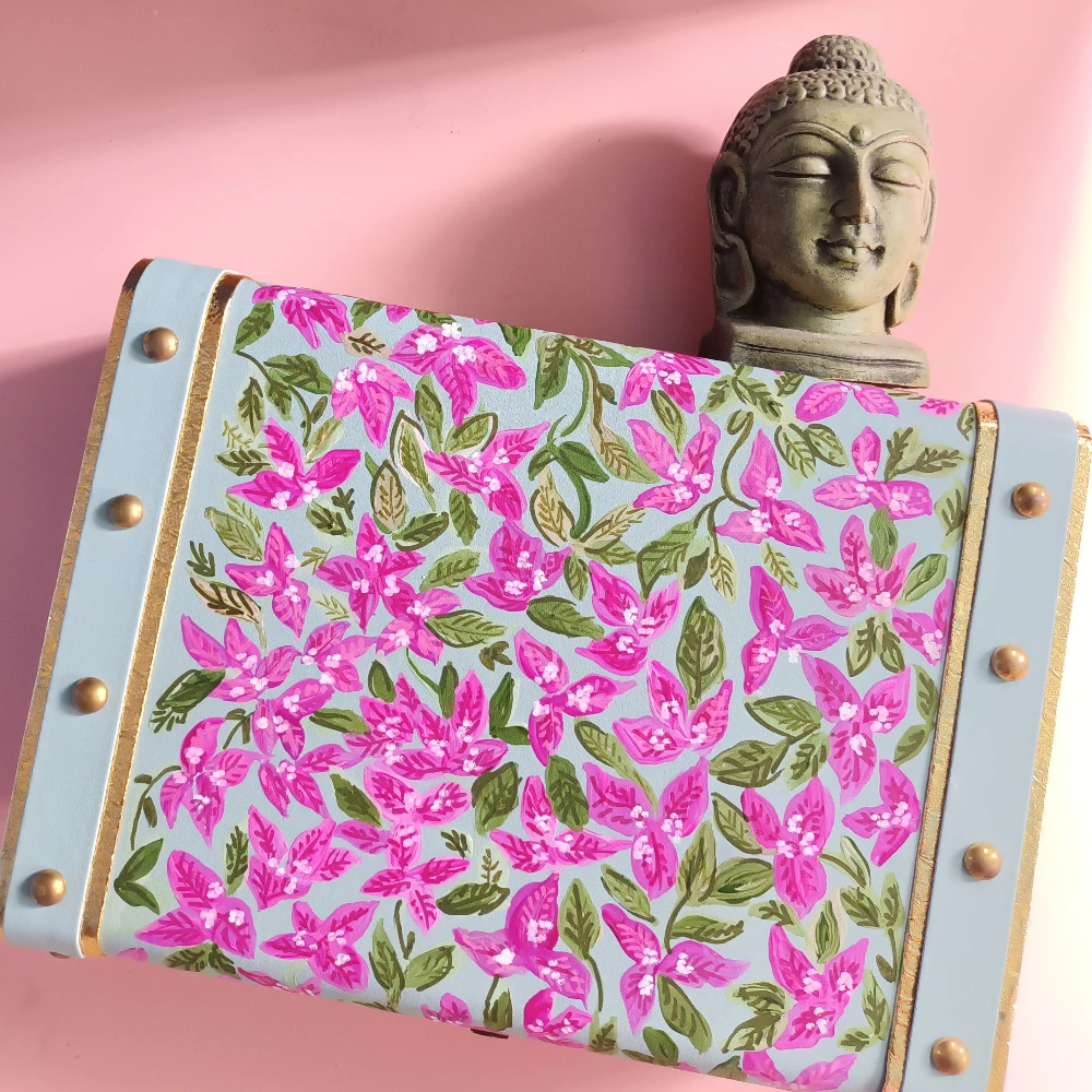 Blue Handpainted Bougainvillea Aesthetic hamper box